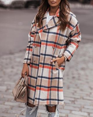 China 2021 Sale 2021 Full Sleeve Button Breathable Warm Casual Plaid Lapel Long Woolen Coat for sale