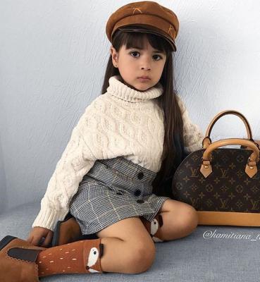 China Kids Casual Baby Winter Autumn Fashion Warm Turtle Neck Tops + Plaid Print Mini Skirt Knit Sweater for sale