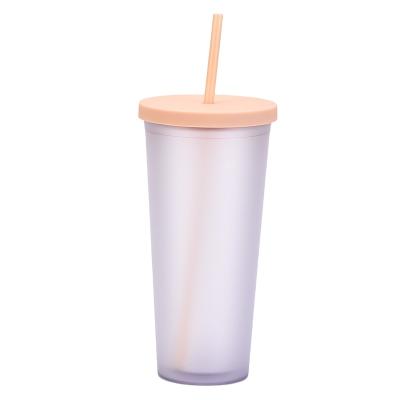 China Double Layer Straw Plastic Cup Stocked Border Frosted Outdoor Custom Logo Gift Mug for sale