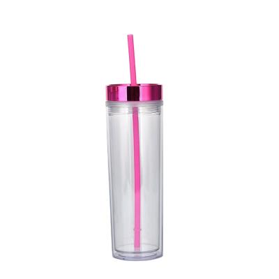 China Hot sale single 16oz double-layer stocked plastic straw cup plated transparent lid water bottle for sale