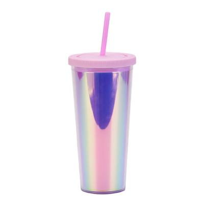 China Custom Stocked Double-Layer Straw Plastic Cups Large Capacity Thickened Drop-Resistant Outdoor Beverage Cups for sale