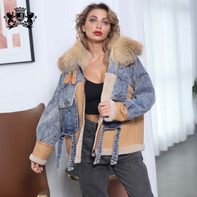 China New Style Breathable Design Women Denim Cool Leather Jacket Janefur With Real Fox Fur Collar for sale