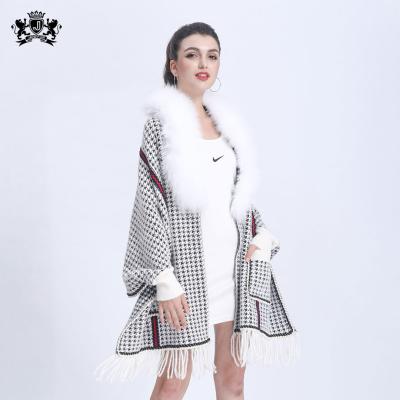 China Soft Touch Feeling Janefur Wholesale 100% Wool Pashmina Poncho Elegant Houndstooth Cashmere Shawl With Fox Fur Collar for sale