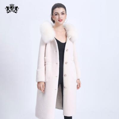 China Wholesale Lambswool Beige Wool Hood Long Fox Fur Collar Leather Jacket Anti-wrinkle Shearling Janefur Sheep Coat for sale