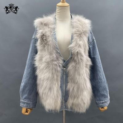 China Wholesale Anti-Shrink Jean Fur Vest Coat Fashionable Detachable Janefur Sheaths Women Denim Fur Jackets for sale