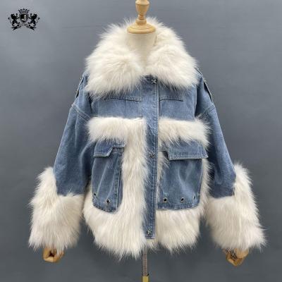 China Women Anti-Shrink Janefur Rivet Denim Jacket Winter Latest Down Lady Jean Jacket With Fur Coat Designs for sale