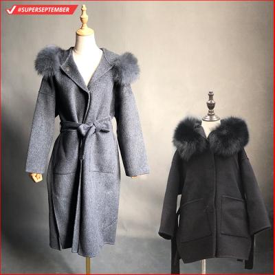 China Sale price double fur cuff trench coat breathable woolen adult and child fur collar woolen coat for sale