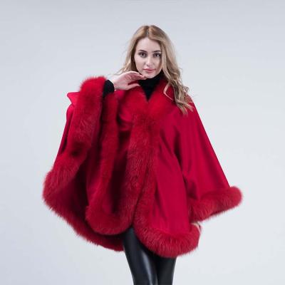 China Wholesale women warm red shawl true soft touch feeling wool fox fur trim pashmina shawl for sale