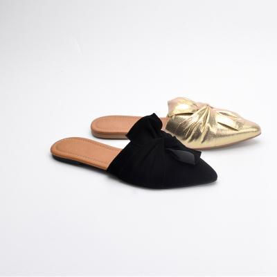 China Fashion High Quality Luxury Gold Slippers Comfortable Pointed Toe Women Flat PU Bow Slippers for sale