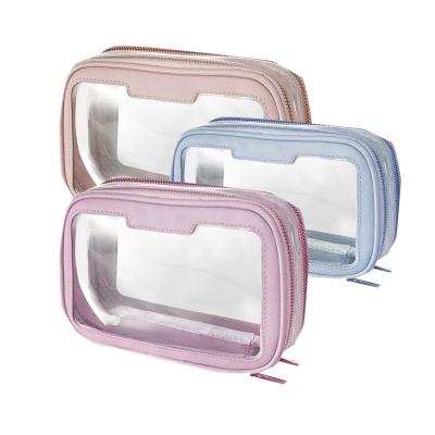 China Fashionable Custom Clear Logo Transparent Double Layer Zipper Travel Pouch Toiletry Bag Makeup Bag Organizer PVC Cosmetic Bag for sale