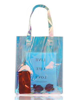 China Reusable Custom Logo Hologram Beach Tote Bag Clear Holographic Pvc Transparent Shopping Bag Fashion Plastic Shoulder Bags for sale