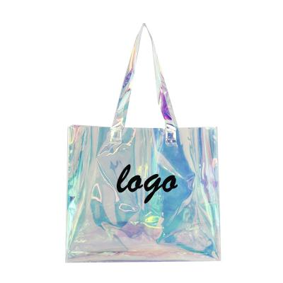 China Custom Holographic PVC Reusable Tote Shopping Bag Hologram Logo Clear Shoulder Bag Waterproof Laser Iridescent for sale