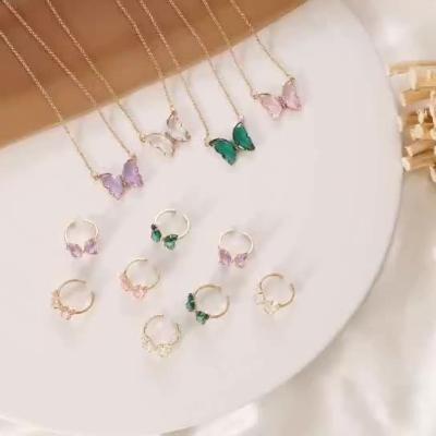 China Other Gold Plated Earrings Ring Sets Chain Necklace Jewelery Crystal Butterfly Necklace Pendant Necklace Fashion Jewelry For Women for sale