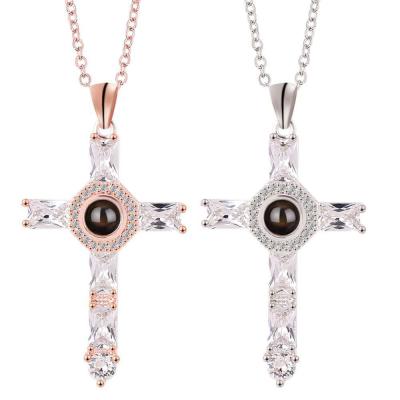 China Environmentally Friendly Personalized Photo Zircon Platinum Plated Necklace 100 Tongue Cross Pending Necklace I Love You For Couples for sale