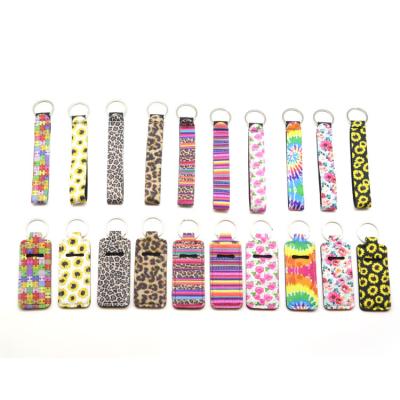 China Promotional Gifts / Souvenirs Etc Low Price Waterproof Flower Embroidered Black Neoprene Lip Balm Stick Holder Wristband Key Chain for sale