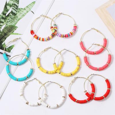 China BOHEMIA Polymer Clay Beaded Hoops Earrings Bohemian Color C Shape Circle Earrings For Women for sale