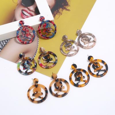 China Fashion Cute Tortoise Shell Resin Acetate Geometric Round Circle Skull Acrylic Round Skull Earrings for sale