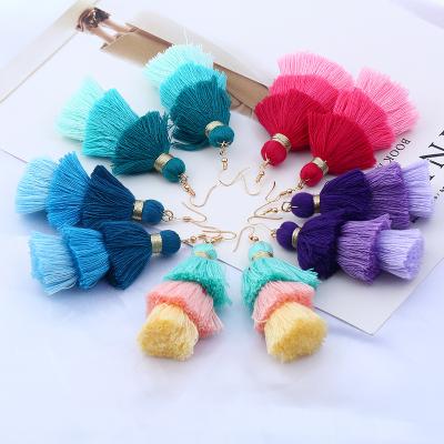 China Fashion Hot Selling Lead Free Nickel Free Three Long Layers Gradient Colorful Bohemian Tassel Earrings for sale