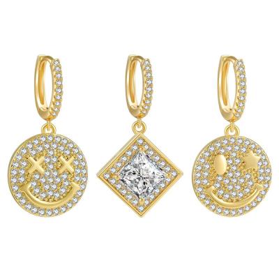 China Fashion Women's High Quality Lead Free Nickel Free 18K Gold Plated Full Circle Diamond Crystal Cubic Zirconia Smile Face Charm Drop Earrings for sale