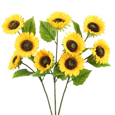 China Wedding Long Stem 3 Artificial Yellow Sunflower Silk Sunflower Heads Bouquet High Quality Artificial Flowers For Party Daily Decor for sale