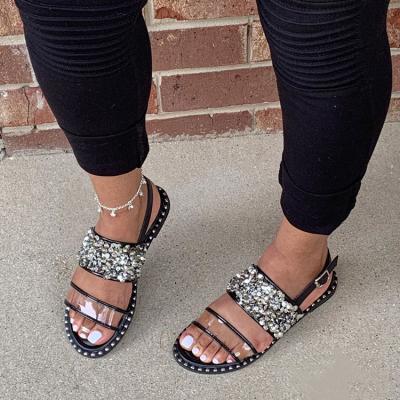 China Cushioning New 2021 Hot Sale Designer Top Glitter Laser Color Women Sandbeach Flat Shoes Women Sandals for sale