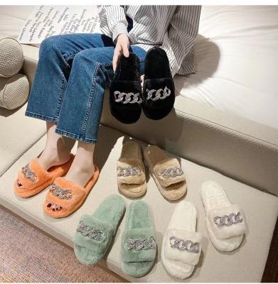 China Low Moq Dropshipping Fashion Trend Women Cotton Lovely Home Ladies Faux Fur Indoor Fashion Red Green Soft Fluffy Slippers for sale