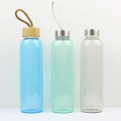 China Sustainable BPA Free Lid Glass Water Bottle Bamboo Custom 500ml Frosted Borosilicate Glass Drink Bottle for sale