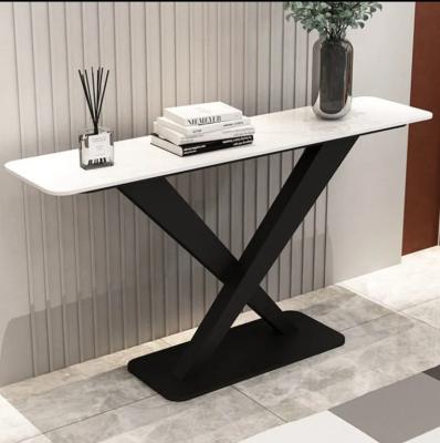 China Hot Selling Modern Retro Marble Top Stainless Steel Hallway Base Bronzed Luxury Marble Console Table for sale