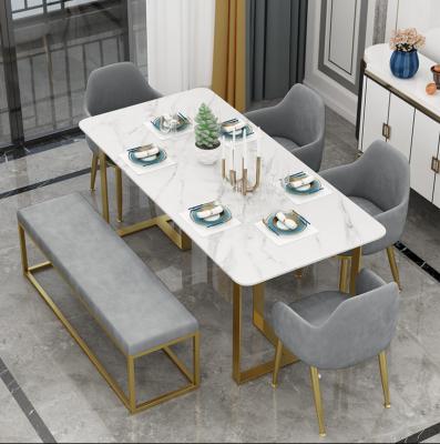 China (Size)Adjustable Modern Luxury Gold Stainless Steel Dining Table With Marble Table Top For Dining Room Furniture Table Set for sale