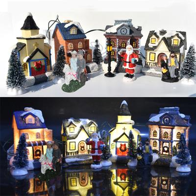 China Decoration.cosmetic Nails Fix New Led Light Up Fiber Optic Resin Christmas Village House Lighting Miniature Snow Scene House Statues Christmas Set Decor XK006 for sale