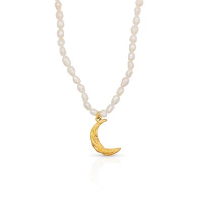 China Vintage Chris April In Stock 316L Stainless Steel Gold Plated Natural Freshwater Baroque Moon Pearl Chain Pendant Necklace for sale