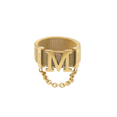 China Chris April Fashion Jewelry 316L Stainless Steel PVD Gold Plated Net-Knit Wide Chain Version M Letter Wide Rings for sale