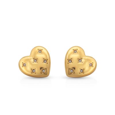 China Chris April Romantic In 316L Running Romantic Stainless Steel PVD Gold Plated Water Resistant Heart Stud Full Jeweled Earring With Zircon for sale