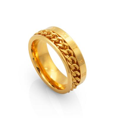 China Chris April TRENDARY Fashion Jewelry Running Gold PVD Plated 316L Stainless Steel Numberals Chain Men Band Roman Ring for sale