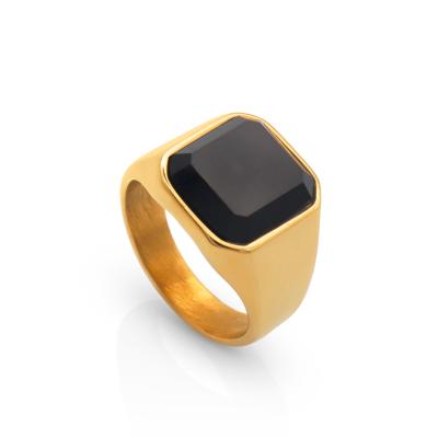 China Trendy Chris April Fashion Jewelry PVD Gold Plated Titanium Steel Men Ring Minimalist Black Onyx Seal Ring for sale