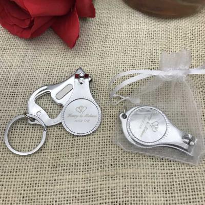 China Gift Packing Whosale Nail Cutter Keyholder Personalized Design Wedding Gift Metal Key Chain With Opener for sale