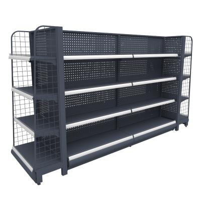 China HT Double Sided Black Steel Gondola Racking Supermarket Shelf Cosmetic Shelf Display Stands For Retail Stores for sale