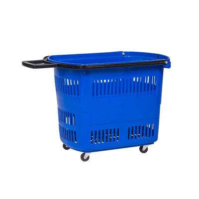 China Durable Custom Colored Plastic HT Handle Shopping Trolley Rolling Basket With Wheels for sale