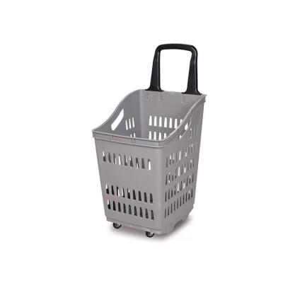 China HT Supermarket Durable Colorful Plastic Shopping Wheeled Shopping Baskets With Wheels for sale