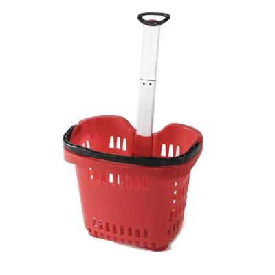 China Durable High Quality HT Merchandising Supermarket Plastic Rolling Shopping Baskets With Wheels for sale