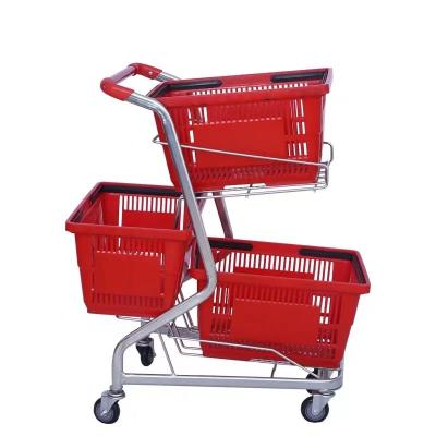 China HT Double Layer Durable Removable Plastic Basket Supermarket Shopping Trolley For Carrying A Basket for sale