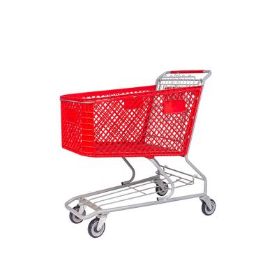 China HT High Capacity Durable Red Plastic Hand Push 100L Supermarket Shopping Trolley With Seat for sale