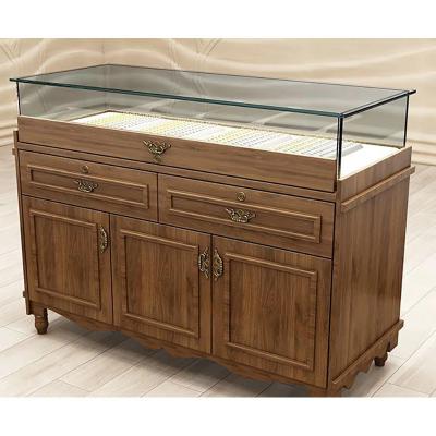 China Wooden Rustic LED Display Counter Glass Solid Wood Display Shelf Counter for Retail for sale