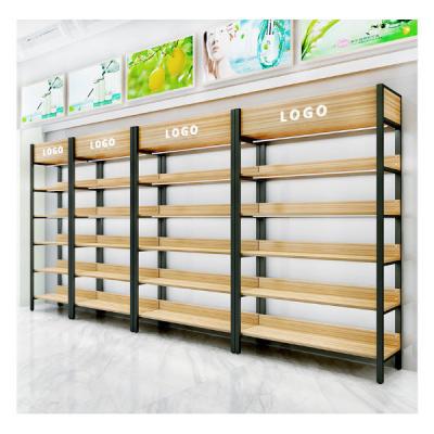 China Convenience Retail Store Modern Wooden LED Light Display Stand with Shelves and Cabinets for sale