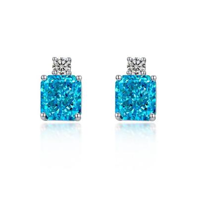 China Romantic Customized Simple Jewelry 925 Zircon Silver Sea Rhodium Ice Blue Crushed Earrings For Women for sale