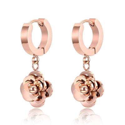 China Fashion Women Jewelry Stainless Steel Rose Gold Plated Flower Charm Romantic Circle Earrings for sale