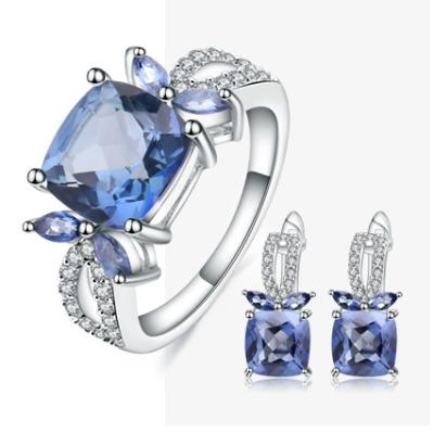 China Fashion 925 Romantic Iolite Quartz Vintage Blue Silver Mystic Earrings Ring Set Jewelry for sale