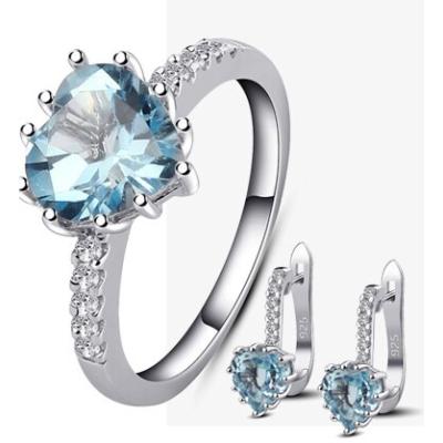 China Fashion 925 Sterling Silver White Gold Plated 9mm Heart Cut Sky Blue Topaz Jewelry Set for sale