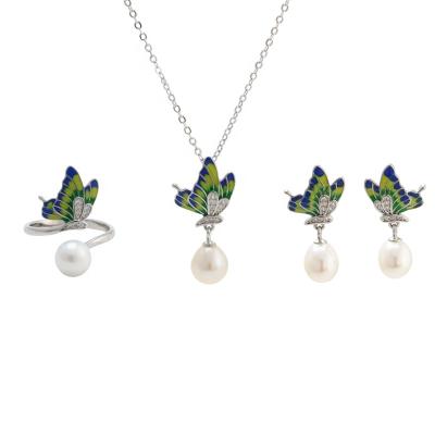 China Fashion 925 Sterling Silver Enamel Butterfly Pearl CLASSIC Necklace Ring Earrings Set Jewelry for sale