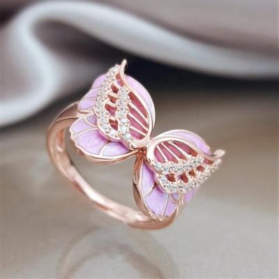 China Romantic Animal Style Alloy Alloy Enamel Rose Gold Plated Jewelry Pink Color Butterfly Ring for sale